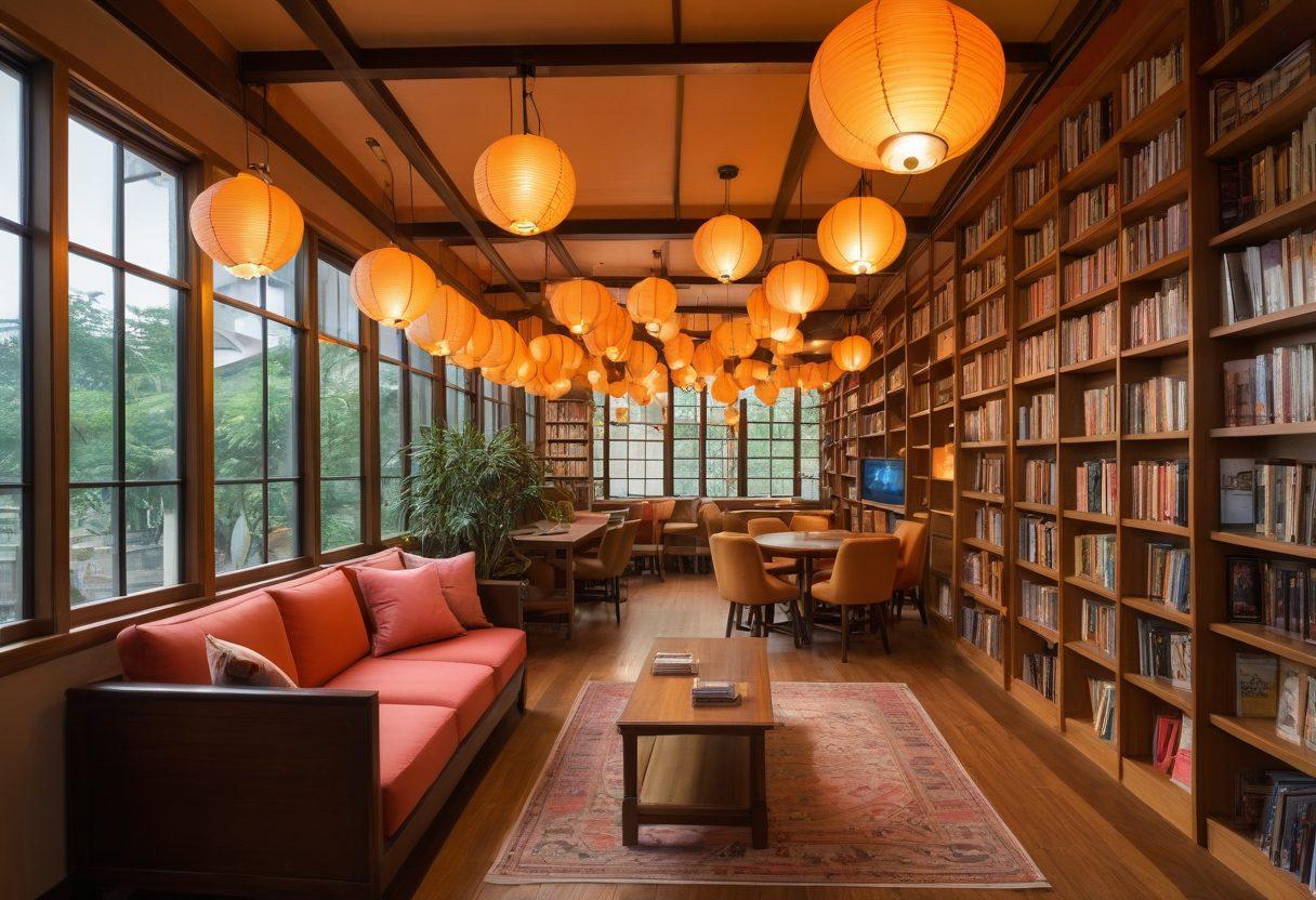 A captivating scene featuring a whimsical library filled with shelves of adult anime and erotic manga, soft glowing lanterns casting a warm light, and plush seating areas for reading. Include alluring characters from popular hentai works subtly framed in the background, creating an inviting atmosphere for exploration. The overall tone is playful yet mature, appealing to anime enthusiasts. vibrant colors. fantasy art.