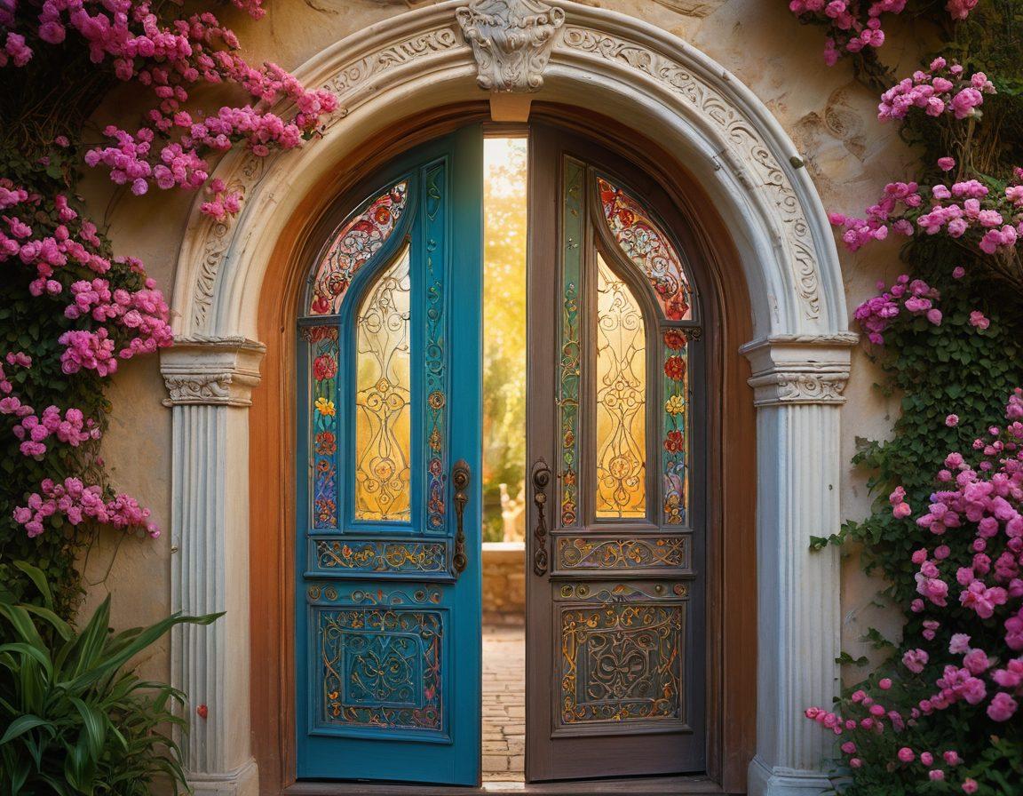 An enticing representation of a colorful key unlocking an ornate door leading to a mystical, fantasy-like world filled with mature elements subtly intertwined with floral patterns and serene landscapes. Include whimsical creatures peeking through the door, with soft lighting and a dreamy atmosphere. The scene should evoke curiosity and allure. vibrant colors. fantasy art. soft focus.