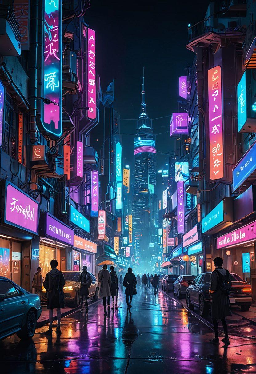 A dreamlike landscape featuring a vibrant and whimsical anime cityscape, adorned with neon lights and sensual motifs. The foreground shows a diverse group of characters, each engaging with NSFW content in playful and artistic ways. Soft, ethereal lighting enhances the scene, creating a feeling of intimacy and intrigue. Include elements of fantasy and allure, with a focus on premium quality. cyberpunk. vibrant colors. super-realistic.